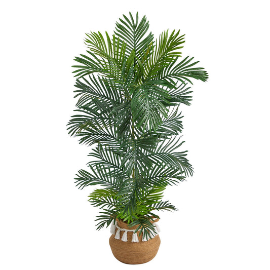 Palmier Areca de 5 pi dans une jardinière tissée en coton naturel fait main de style bohème chic avec pompons résistant aux UV