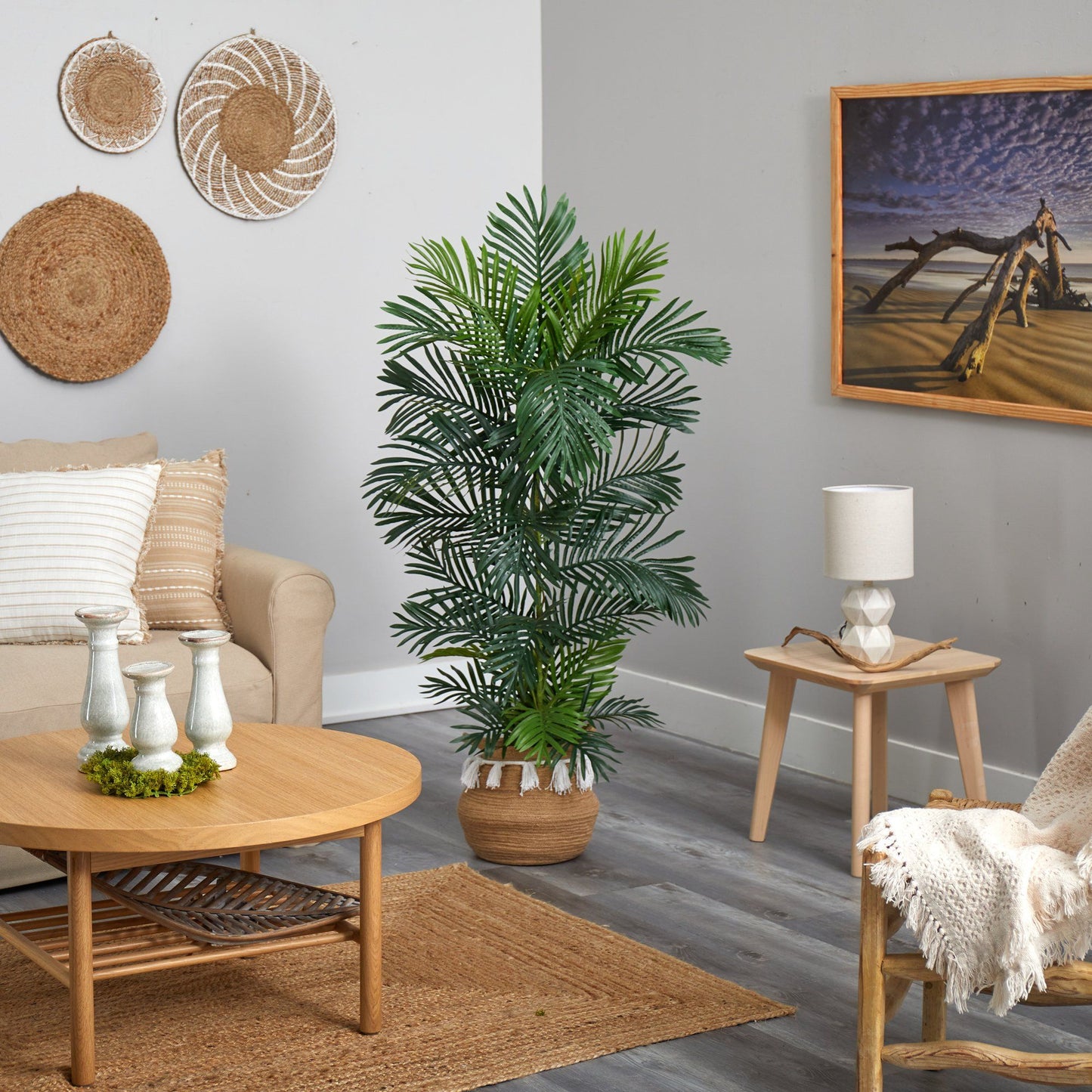 Palmier Areca de 5 pi dans une jardinière tissée en coton naturel fait main de style bohème chic avec pompons résistant aux UV