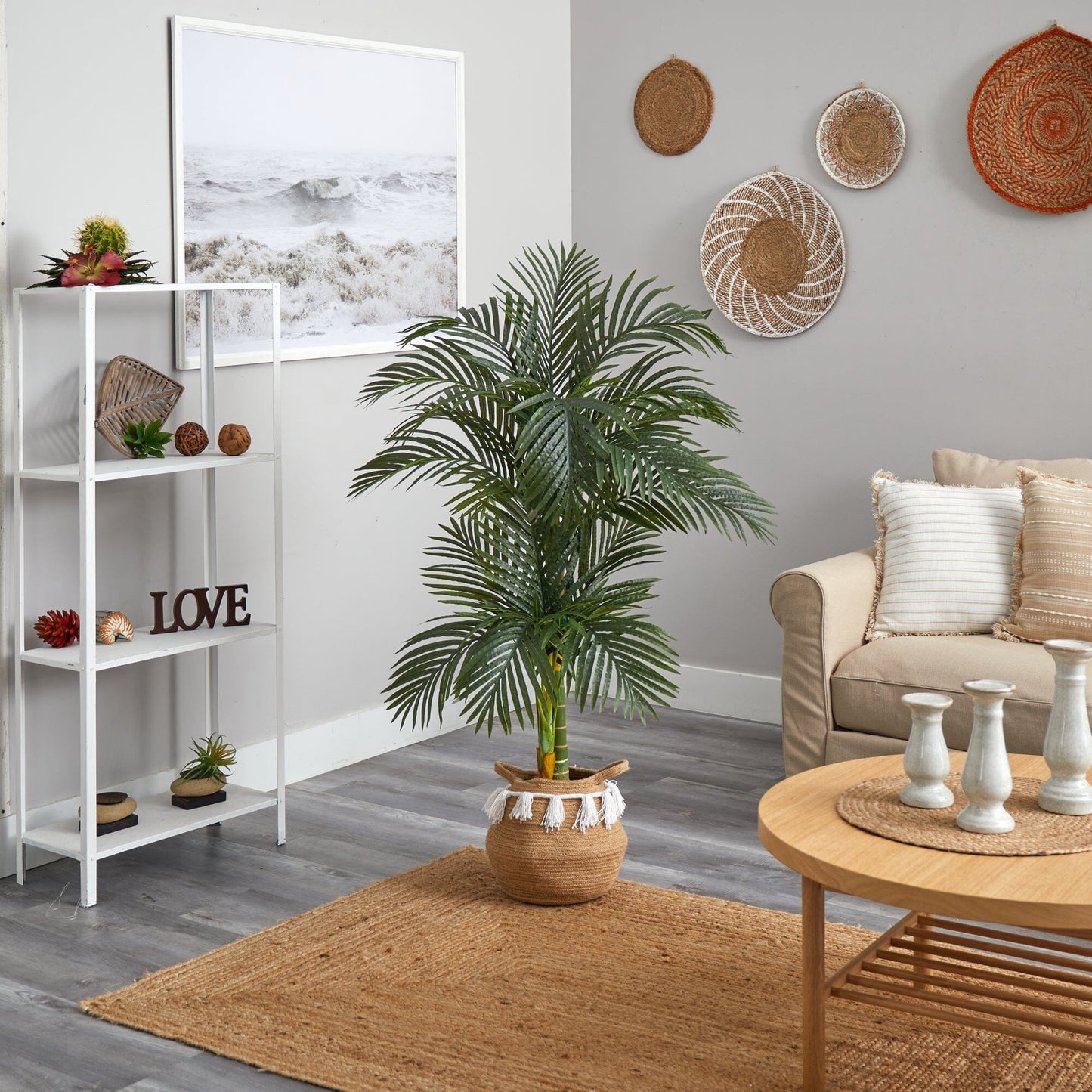 5’ Artificial Double Stalk Golden Cane Palm Tree with Handmade Woven Cotton Basket