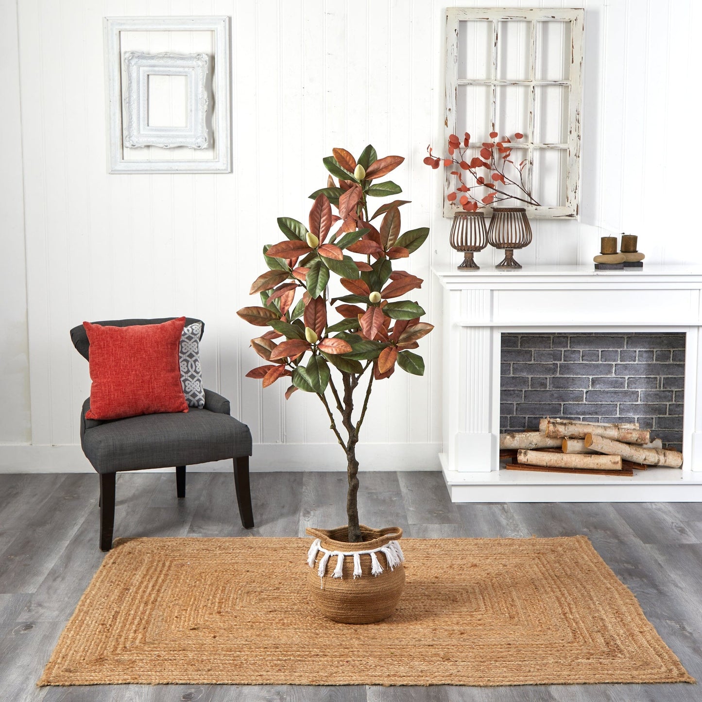 Arbre de magnolia artificiel d'automne de 5 pi avec panier en jute et coton fait à la main avec pompons