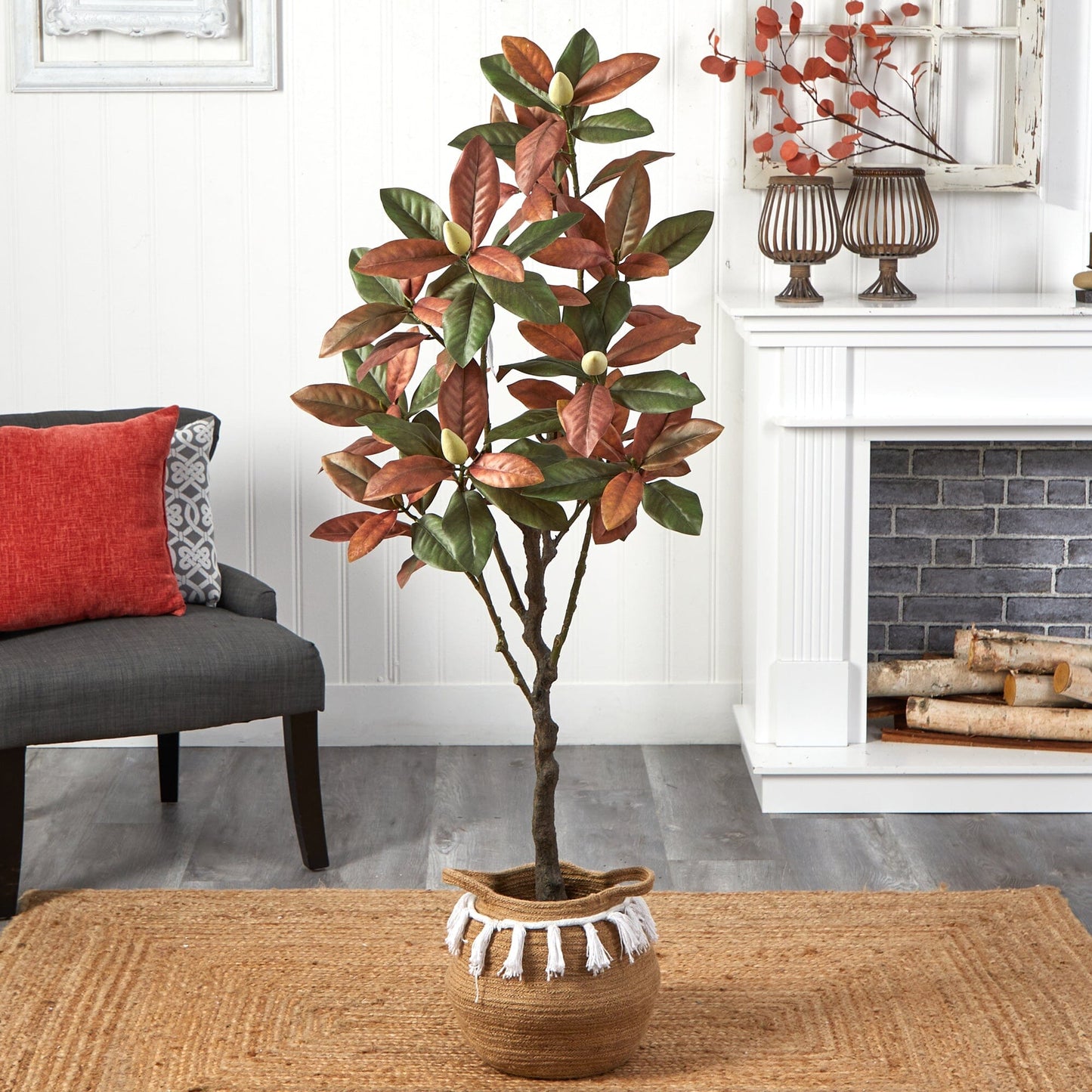 Arbre de magnolia artificiel d'automne de 5 pi avec panier en jute et coton fait à la main avec pompons