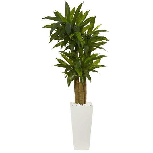 Plante artificielle Dracaena à tige de maïs de 5 pi dans une jardinière blanche