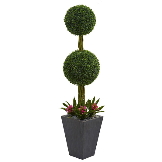 Arbre topiaire artificiel en forme de boule de buis double de 5 pi dans une jardinière en ardoise (intérieur/extérieur)