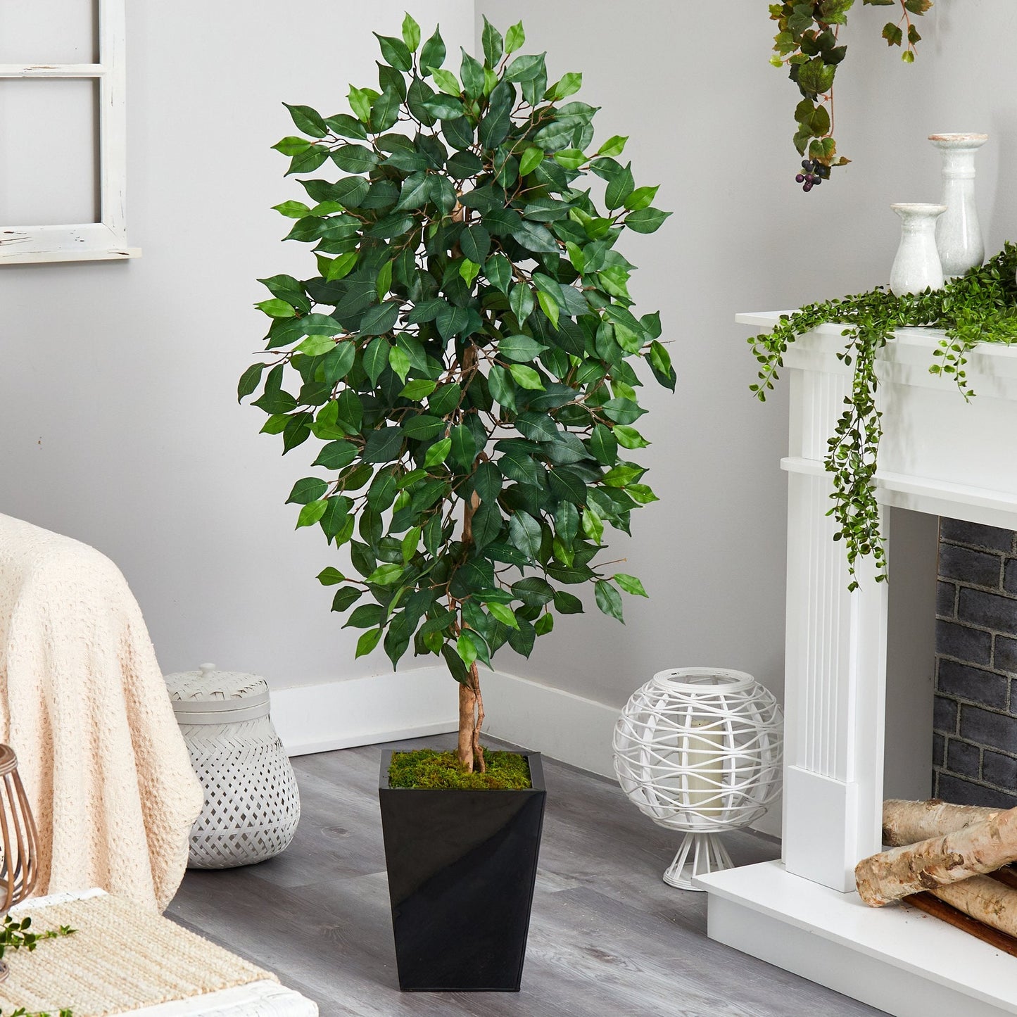 Árbol ficus artificial de 5 pies en macetero de metal negro