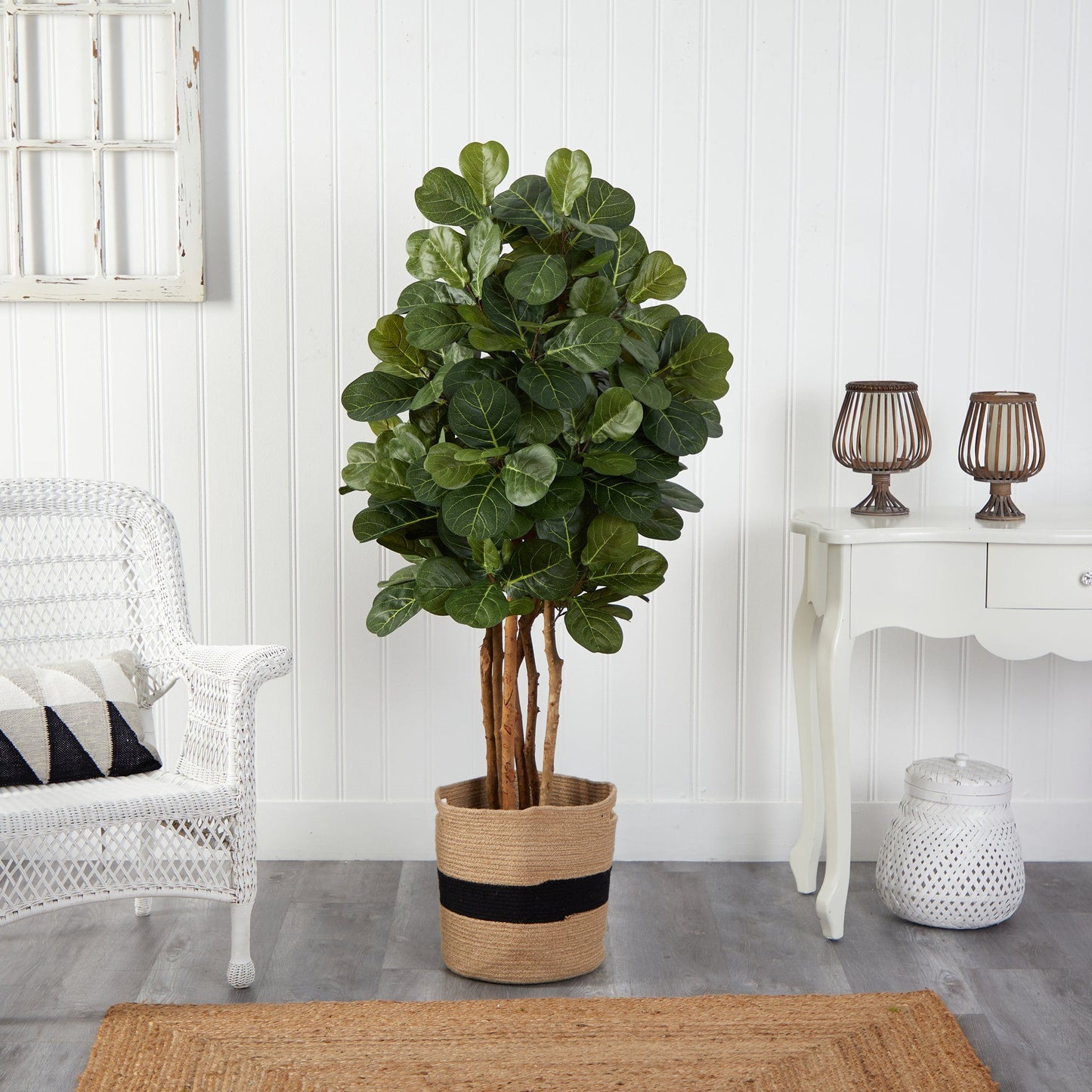 Árbol artificial de hoja de violín de 5 pies en macetero de algodón natural hecho a mano