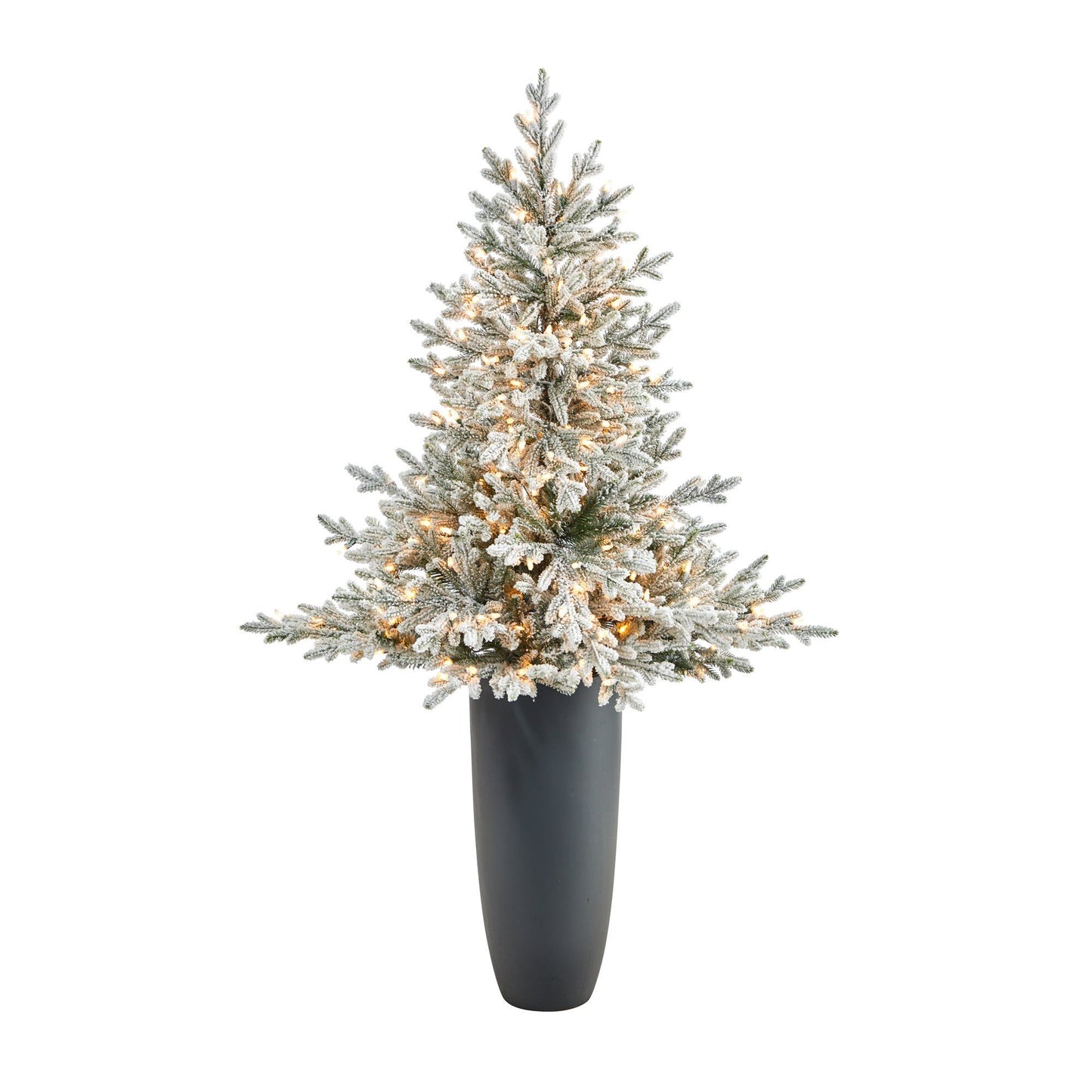 Árbol de Navidad artificial de abeto de Fraser flocado de 5 pies con 300 luces blancas cálidas y 967 ramas flexibles en maceta gris