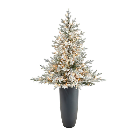 Árbol de Navidad artificial de abeto de Fraser flocado de 5 pies con 300 luces blancas cálidas y 967 ramas flexibles en maceta gris