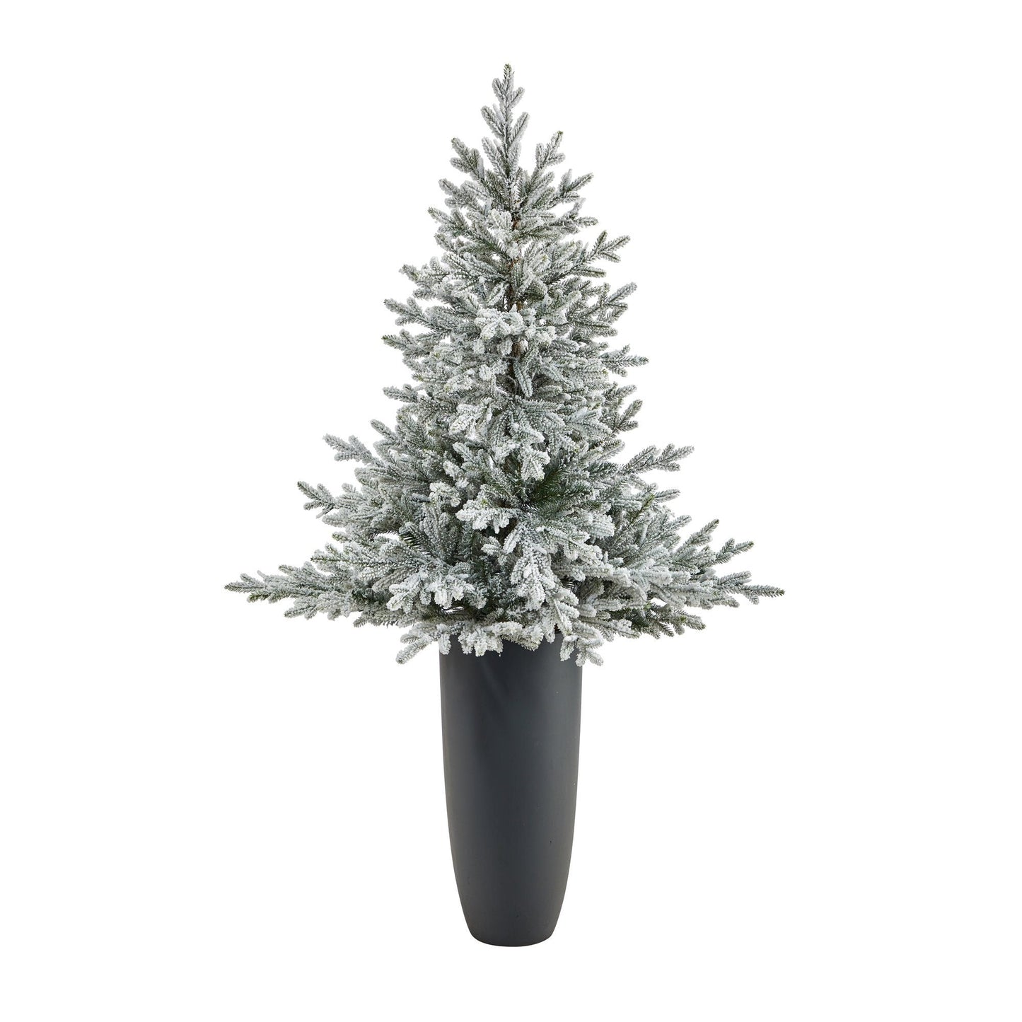 Árbol de Navidad artificial de abeto de Fraser flocado de 5 pies con 300 luces blancas cálidas y 967 ramas flexibles en maceta gris