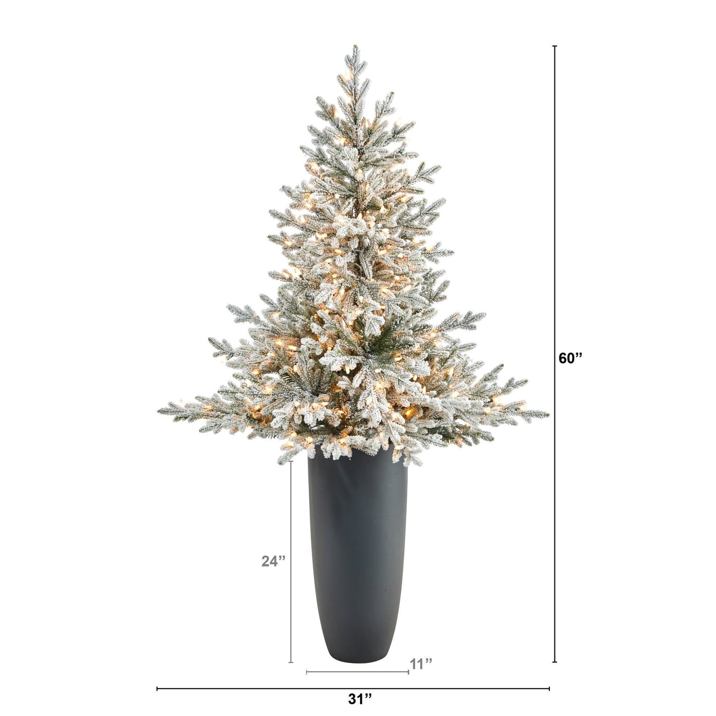 Árbol de Navidad artificial de abeto de Fraser flocado de 5 pies con 300 luces blancas cálidas y 967 ramas flexibles en maceta gris