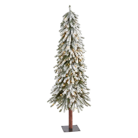 Árbol de Navidad artificial Grand Alpine flocado de 5 pies con 200 luces transparentes y 469 ramas flexibles sobre tronco natural