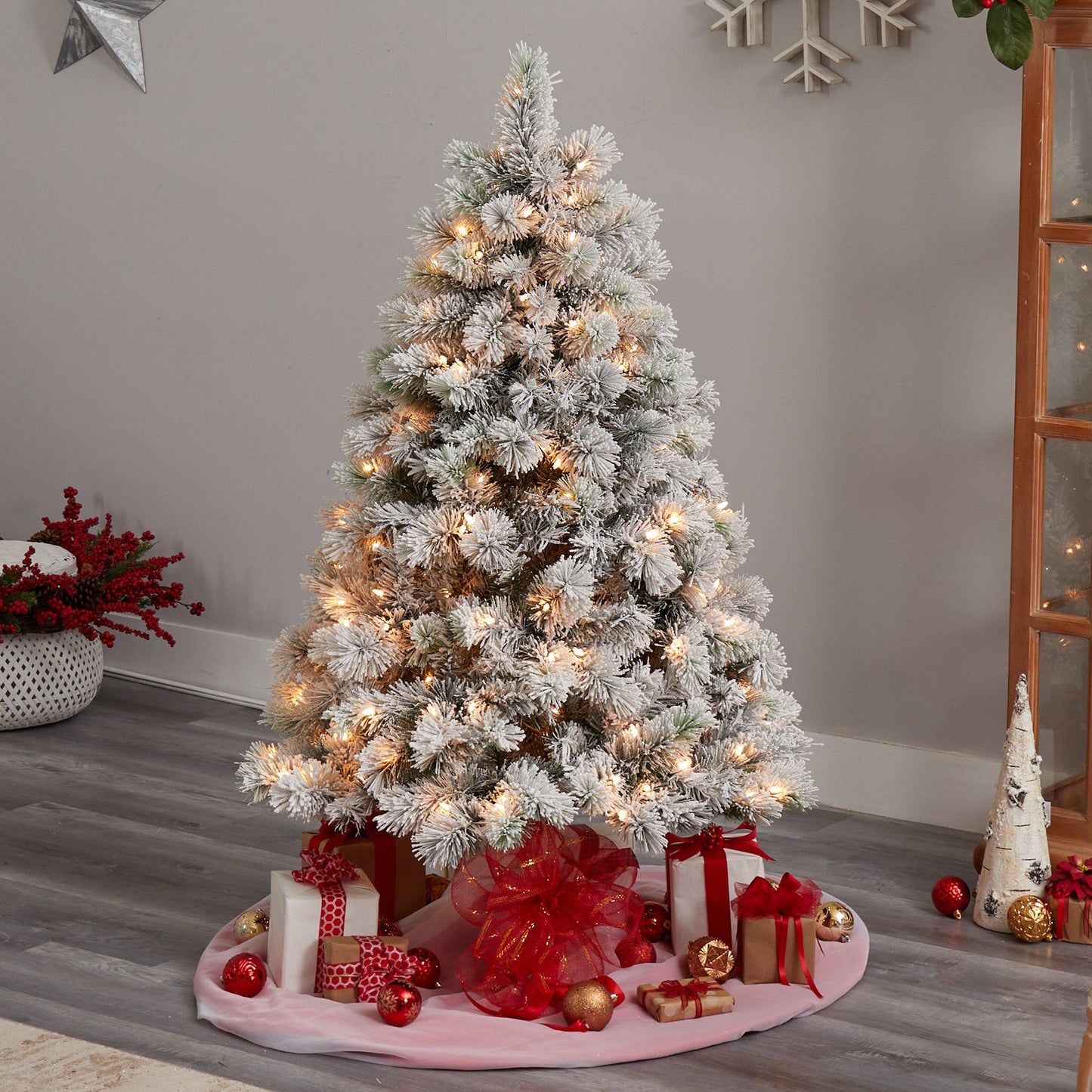 5’ Flocked Oregon Pine Artificial Christmas Tree with 200 Clear Lights and 347 Bendable Branches