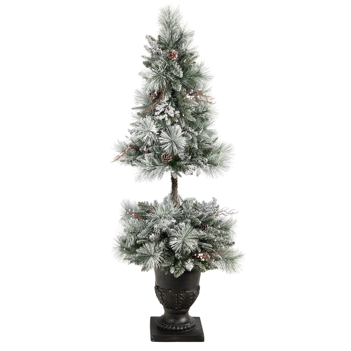 5’ Flocked Porch Christmas Tree with 100 LED Lights and 186 Bendable Branches in Decorative Urn