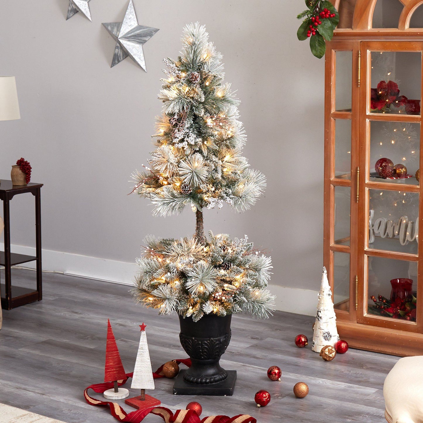 5’ Flocked Porch Christmas Tree with 100 LED Lights and 186 Bendable Branches in Decorative Urn