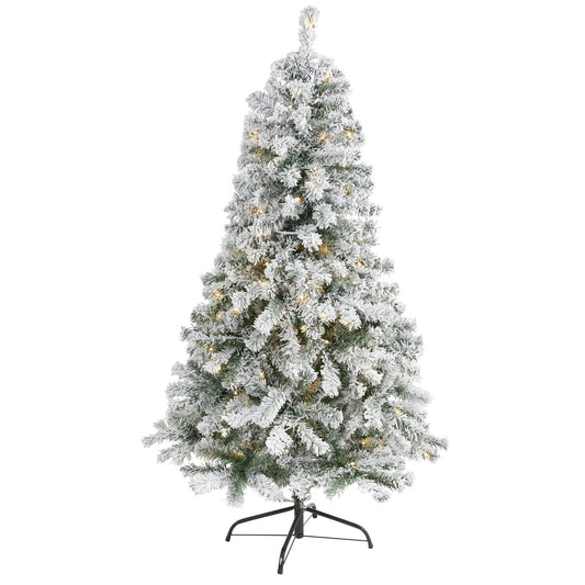 Árbol de Navidad artificial de abeto flocado Rock Springs de 5 pies con 150 luces LED transparentes