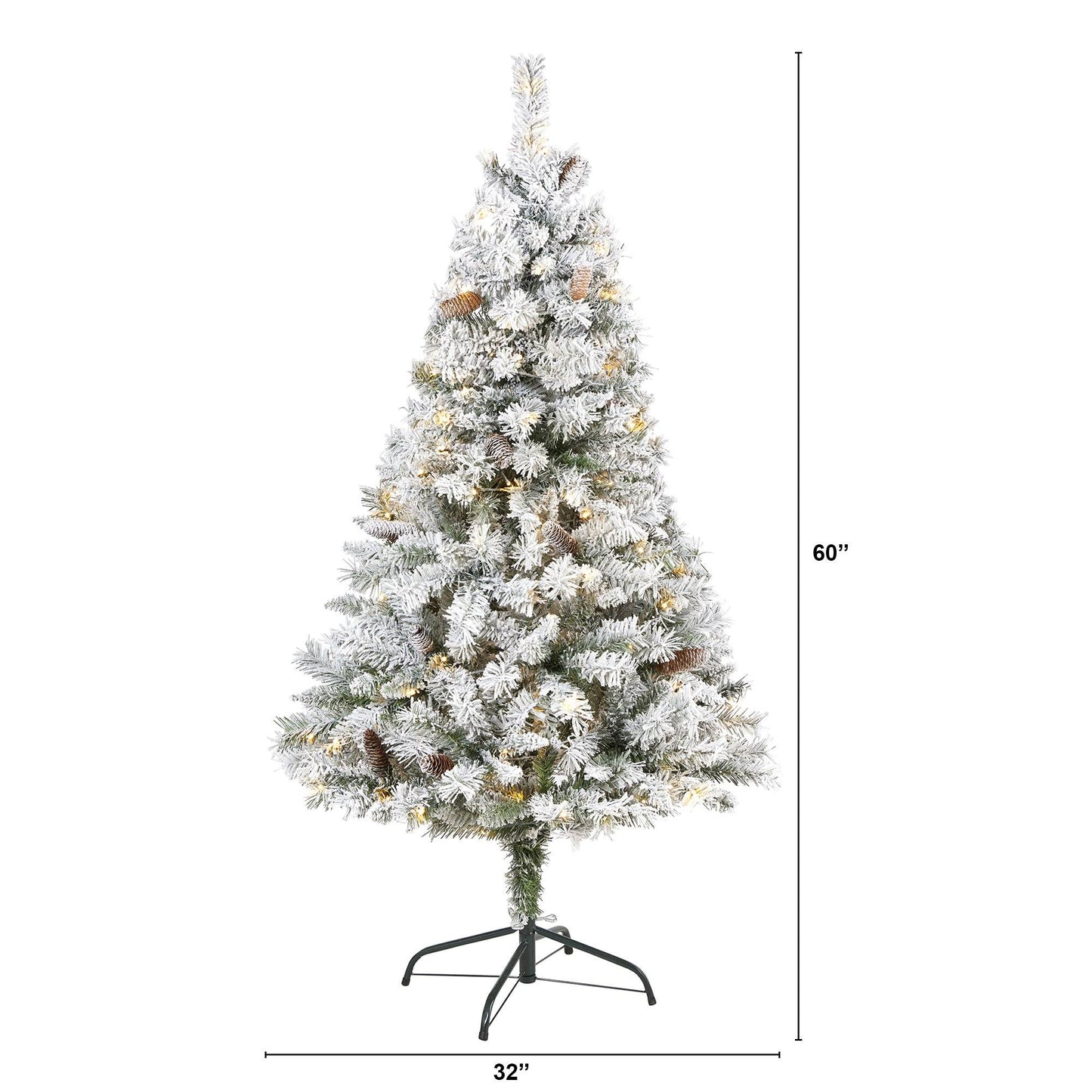 Árbol de Navidad artificial de pino blanco de montaña flocado de 5 pies con piñas y 150 luces LED transparentes