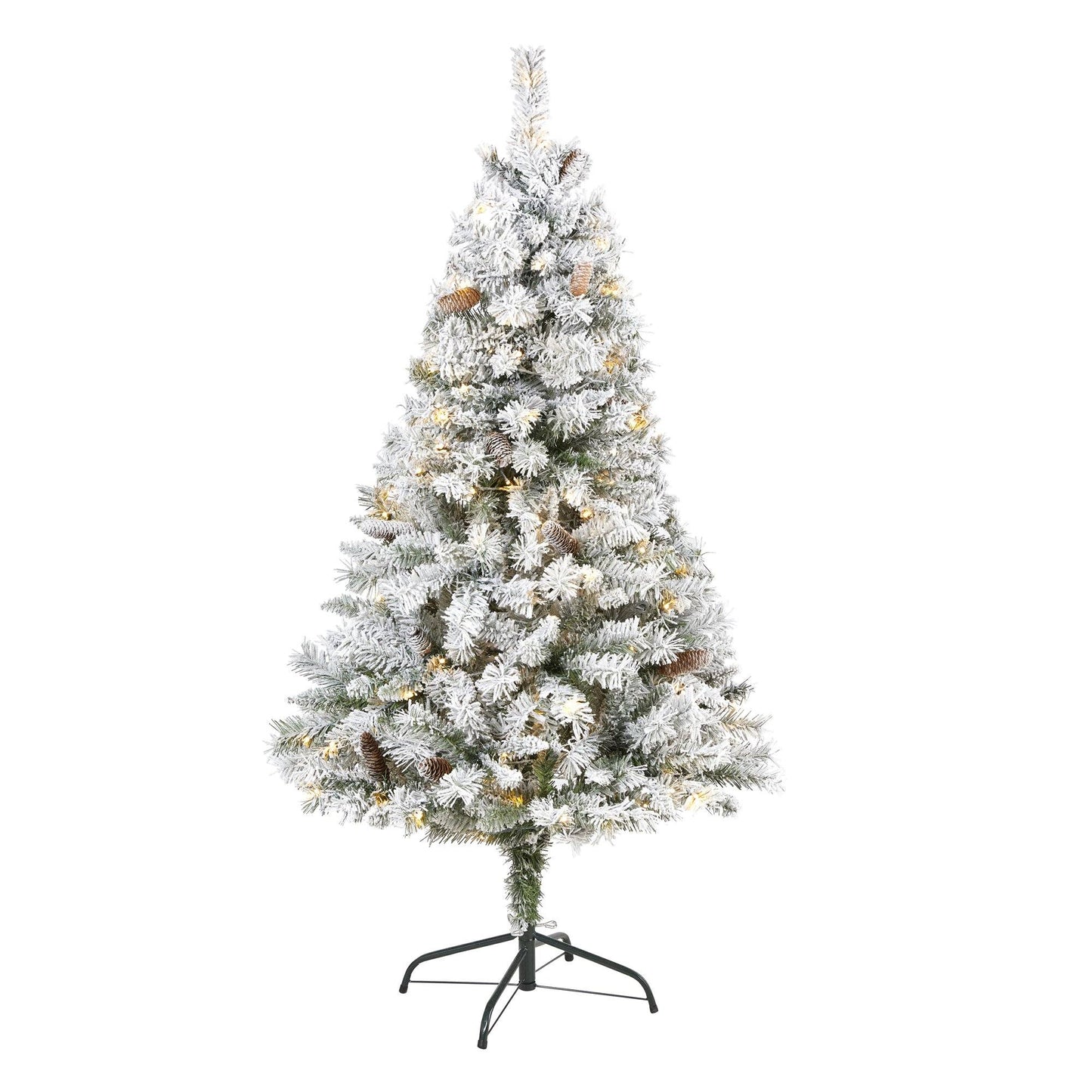 Árbol de Navidad artificial de pino blanco de montaña flocado de 5 pies con piñas y 150 luces LED transparentes