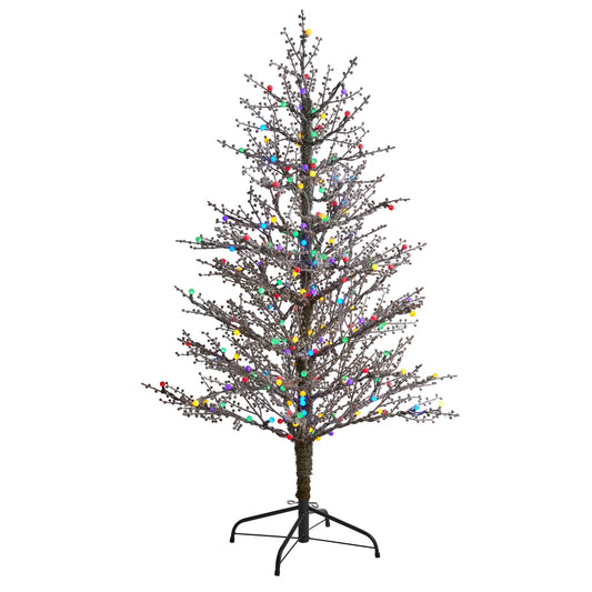 Sapin de Noël artificiel de 5 pi avec brindilles de baies givrées et 200 lumières LED multicolores en forme de boule de gomme et 386 branches pliables