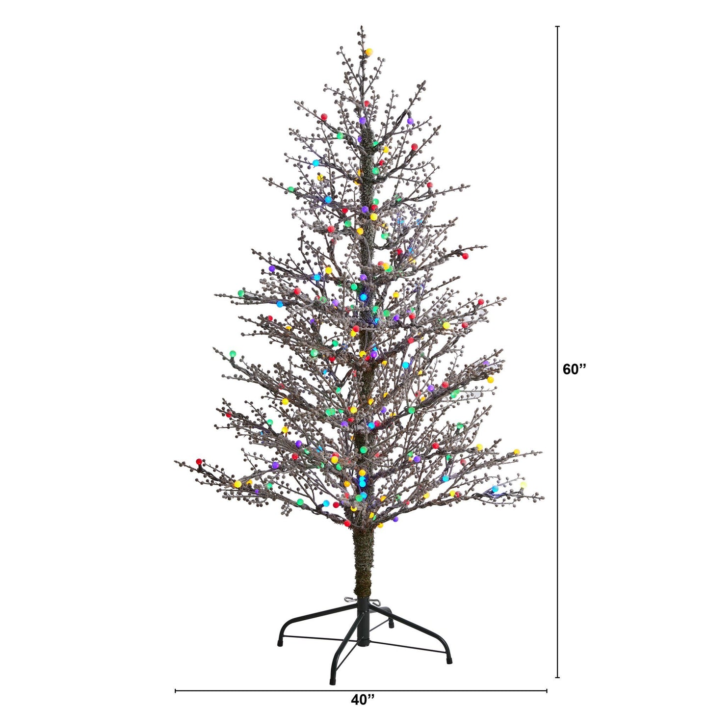 Sapin de Noël artificiel de 5 pi avec brindilles de baies givrées et 200 lumières LED multicolores en forme de boule de gomme et 386 branches pliables