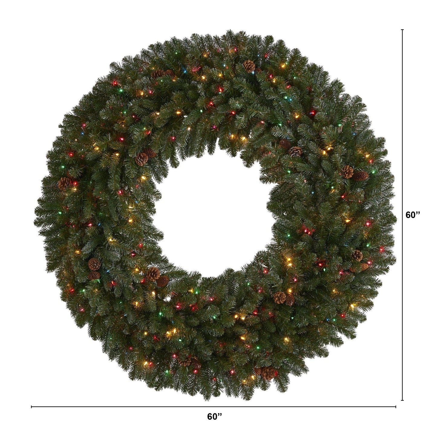 Couronne de Noël artificielle géante floquée de 5 pieds avec 280 lumières multicolores, paillettes et pommes de pin