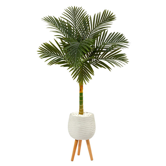 Palmera artificial de caña dorada de 5 pies en maceta blanca con soporte