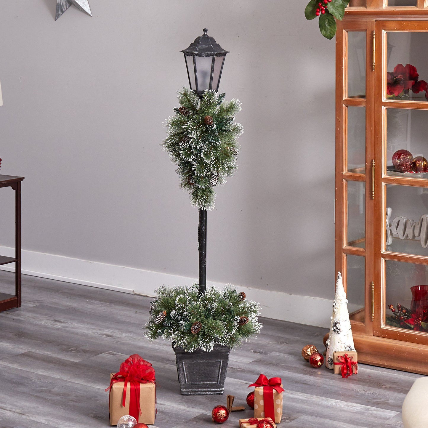 5’ Holiday Pre-lit Decorated Lamp Post with Artificial Greenery, Decorative Container & 50 LED Lights