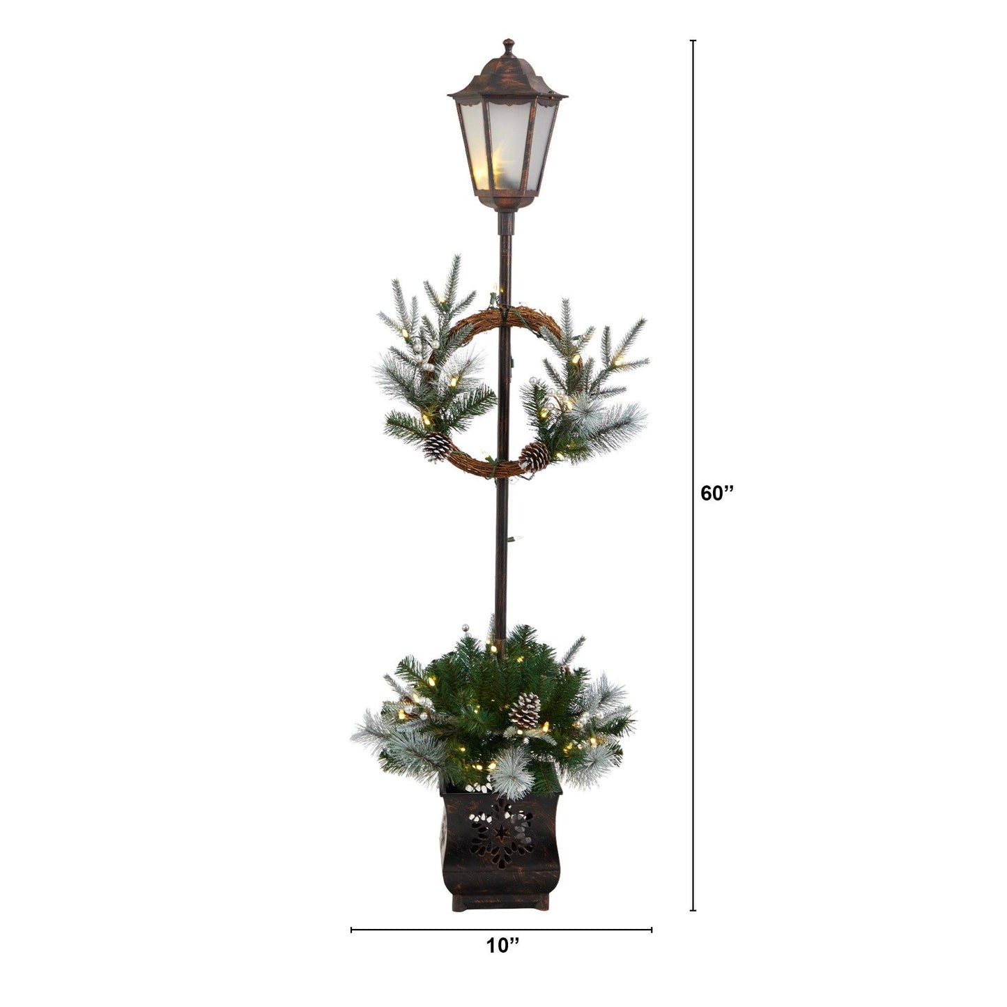 5’ Holiday Pre-lit Decorated Lamp Post with Greenery, Decorative Container and 50 LED Lights