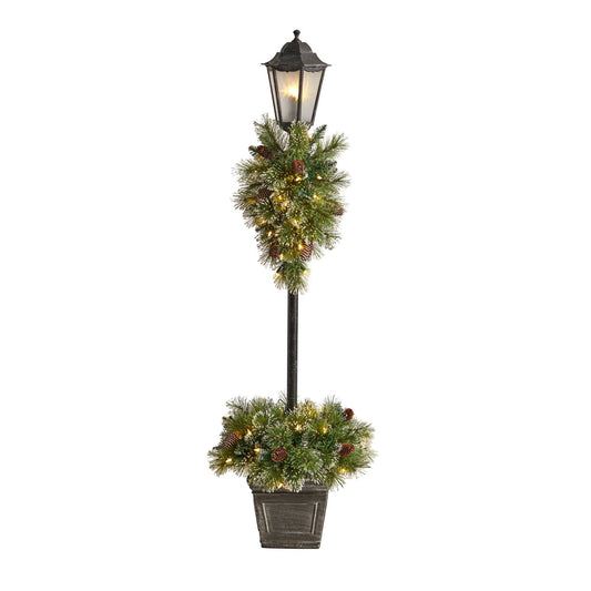 5’ Holiday Pre-lit Decorated Lamp Post with Artificial Greenery, Decorative Container & 50 LED Lights