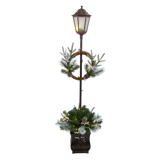 5’ Holiday Pre-lit Decorated Lamp Post with Greenery, Decorative Container and 50 LED Lights