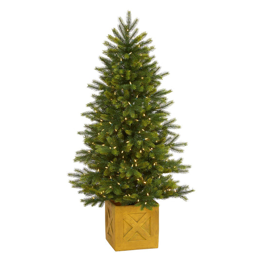 Árbol de Navidad artificial de abeto de Manchester de 5 pies en macetero decorativo con 250 luces LED transparentes cálidas (multifunción) y 366 ramas flexibles