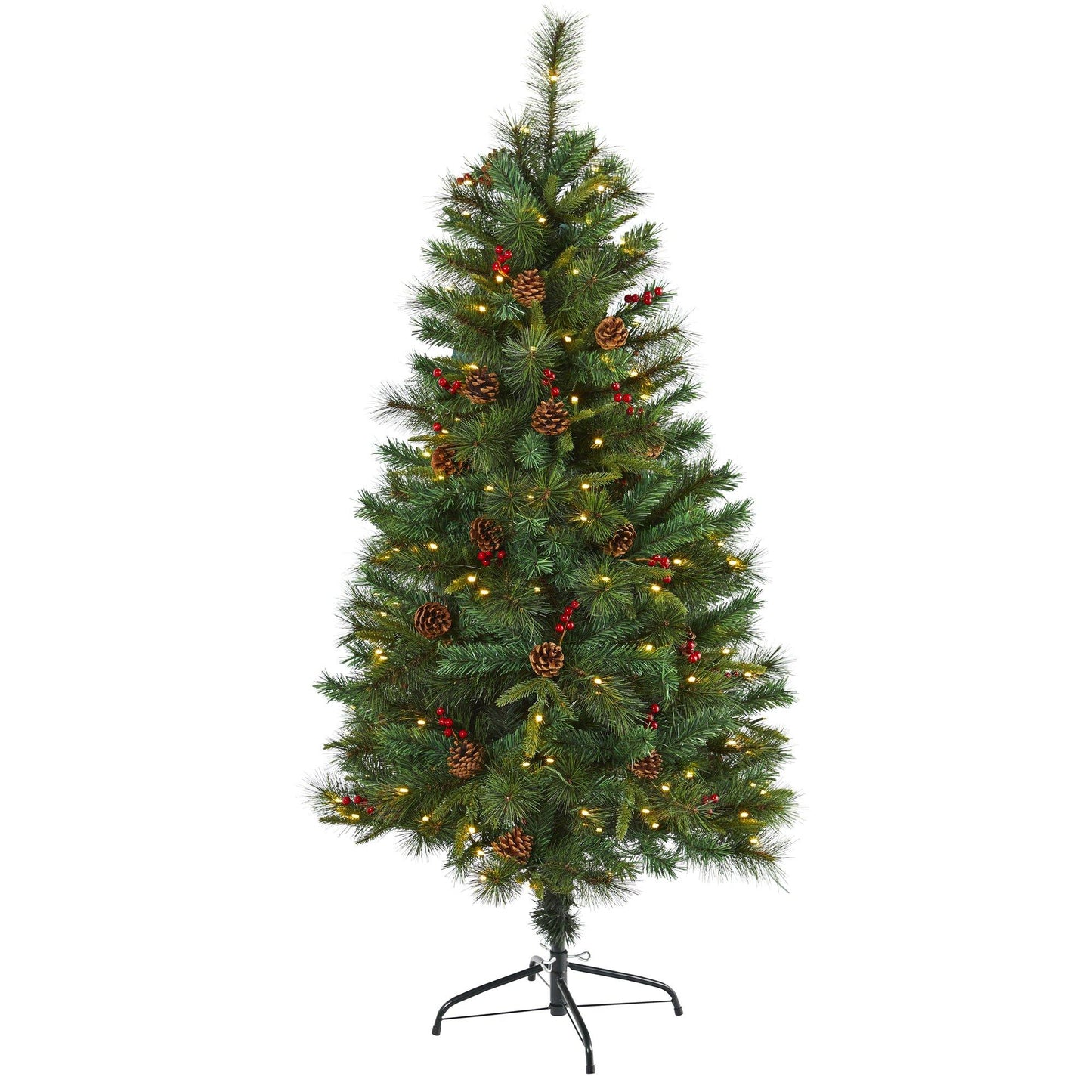 Sapin de Noël artificiel en pin mélangé de 5 pi avec 150 lumières LED transparentes, pommes de pin et baies