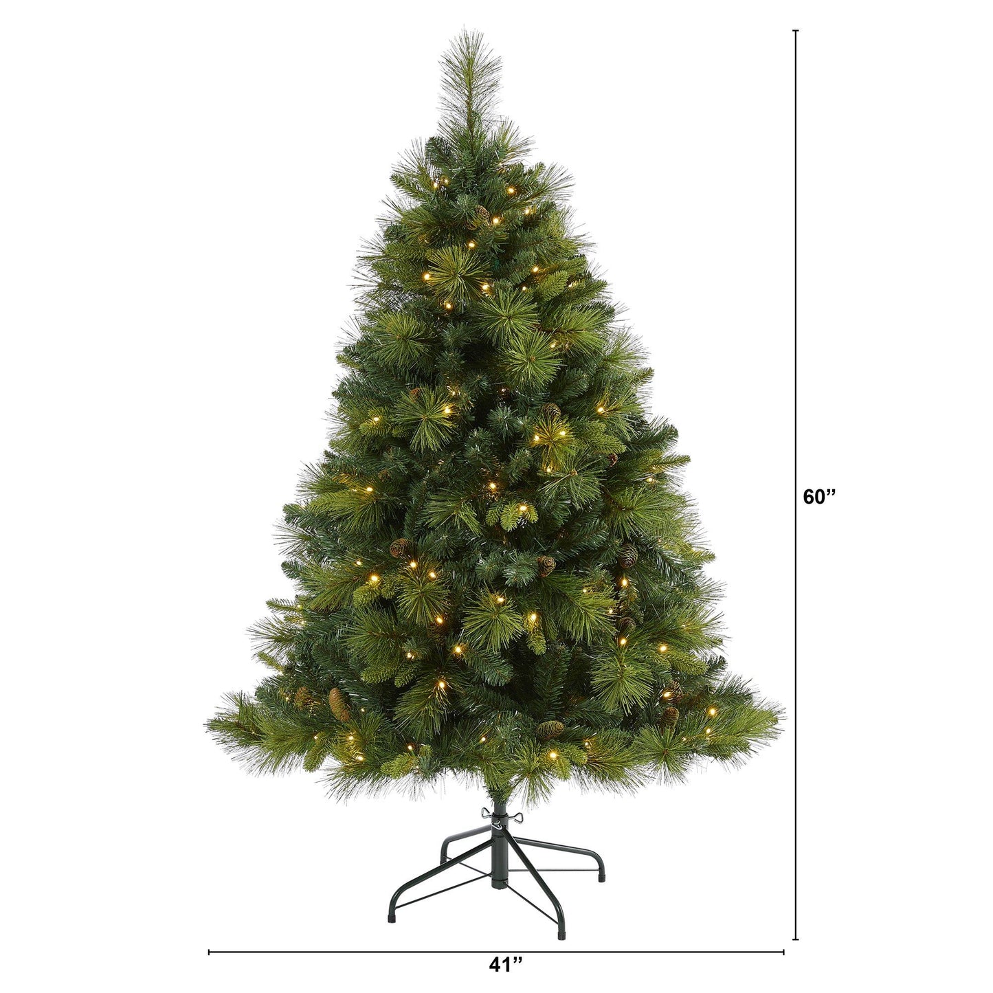 Árbol de Navidad artificial de pino mixto de Carolina del Norte de 5 pies con 200 luces LED de color blanco cálido, 711 ramas flexibles y piñas