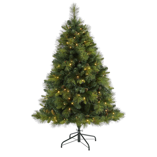 Árbol de Navidad artificial de pino mixto de Carolina del Norte de 5 pies con 200 luces LED de color blanco cálido, 711 ramas flexibles y piñas