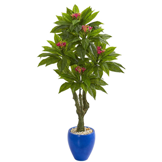 Árbol artificial de plumeria de 5 pies en maceta decorativa azul (interior/exterior)