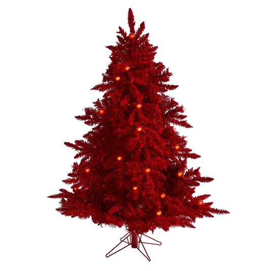 Árbol de Navidad artificial de abeto Fraser rojo flocado de 5 pies