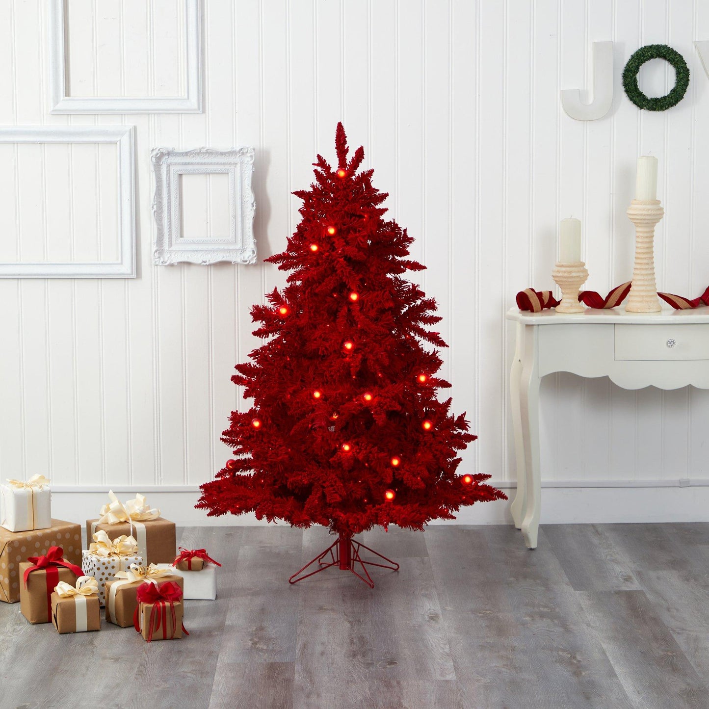 Árbol de Navidad artificial de abeto Fraser rojo flocado de 5 pies