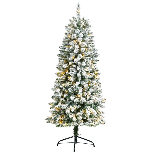 5’ Slim Flocked Montreal Fir Christmas Tree with 150 Warm White LED Lights and 491 Bendable Branches