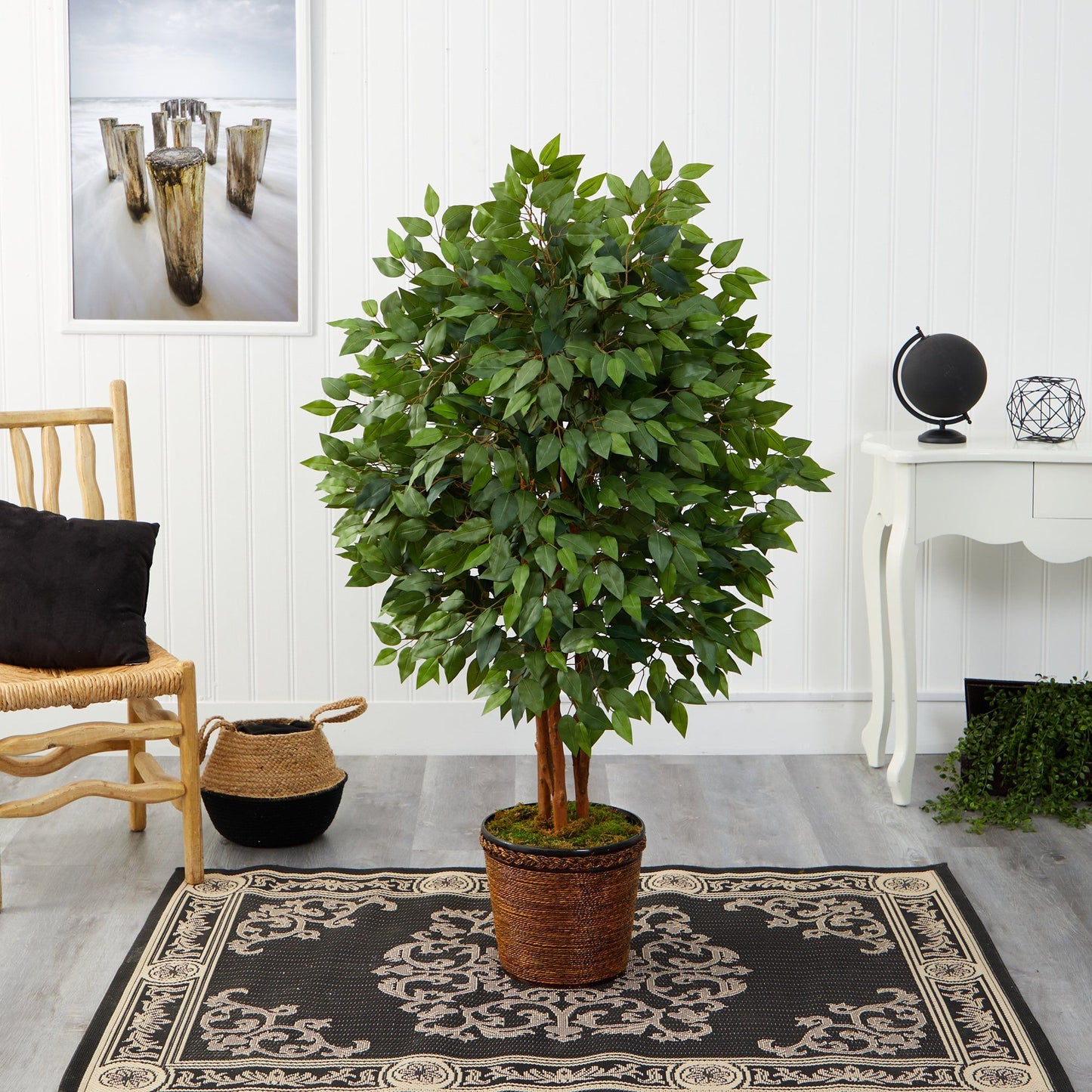 5’ Super Deluxe Artificial Ficus Tree in Wicker Planter