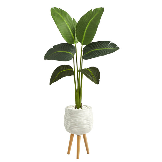 Planta artificial de palma del viajero de 5 pies en maceta blanca con soporte (tacto real)