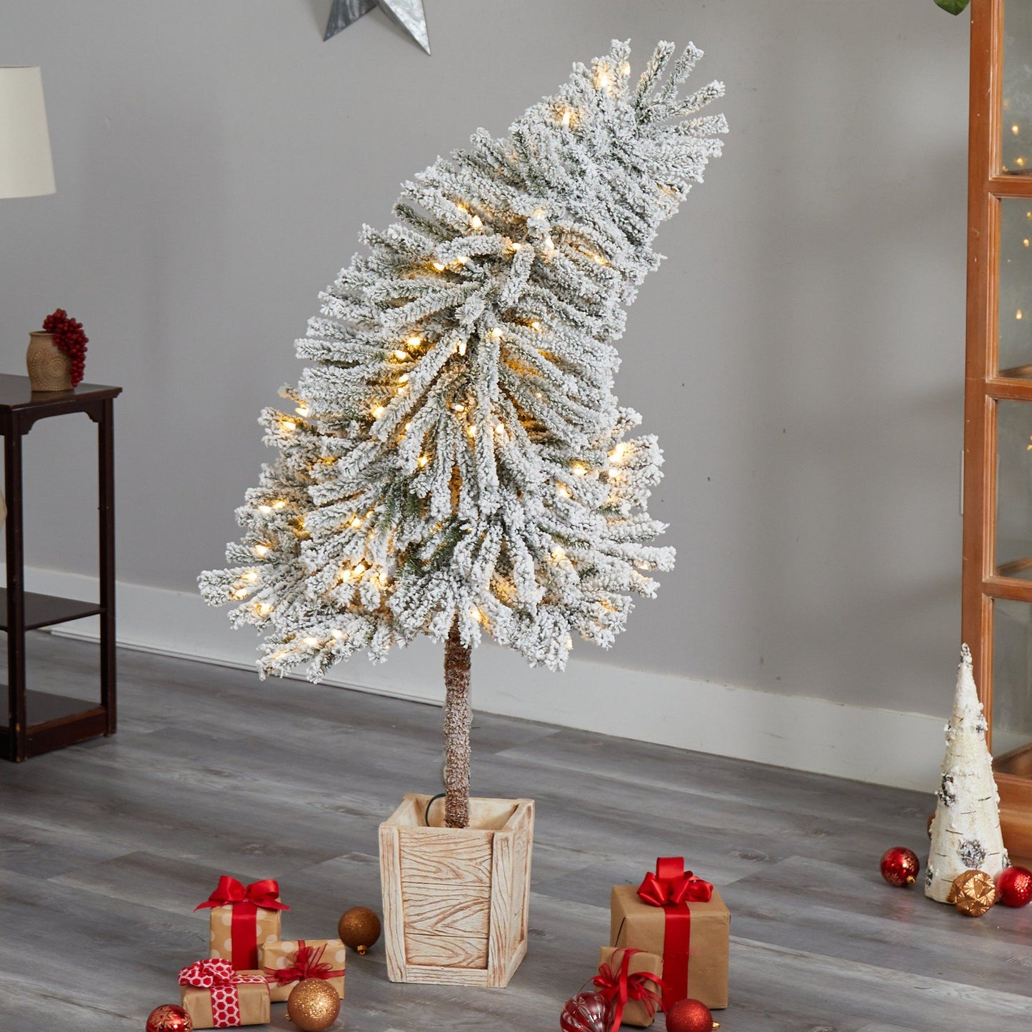 5' Winter Flocked Leaning Christmas Tree Pre-Lit