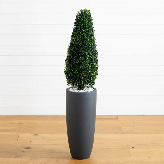 Topiaire en buis de 50 po avec jardinière cylindrique grise résistante aux UV (intérieur/extérieur)