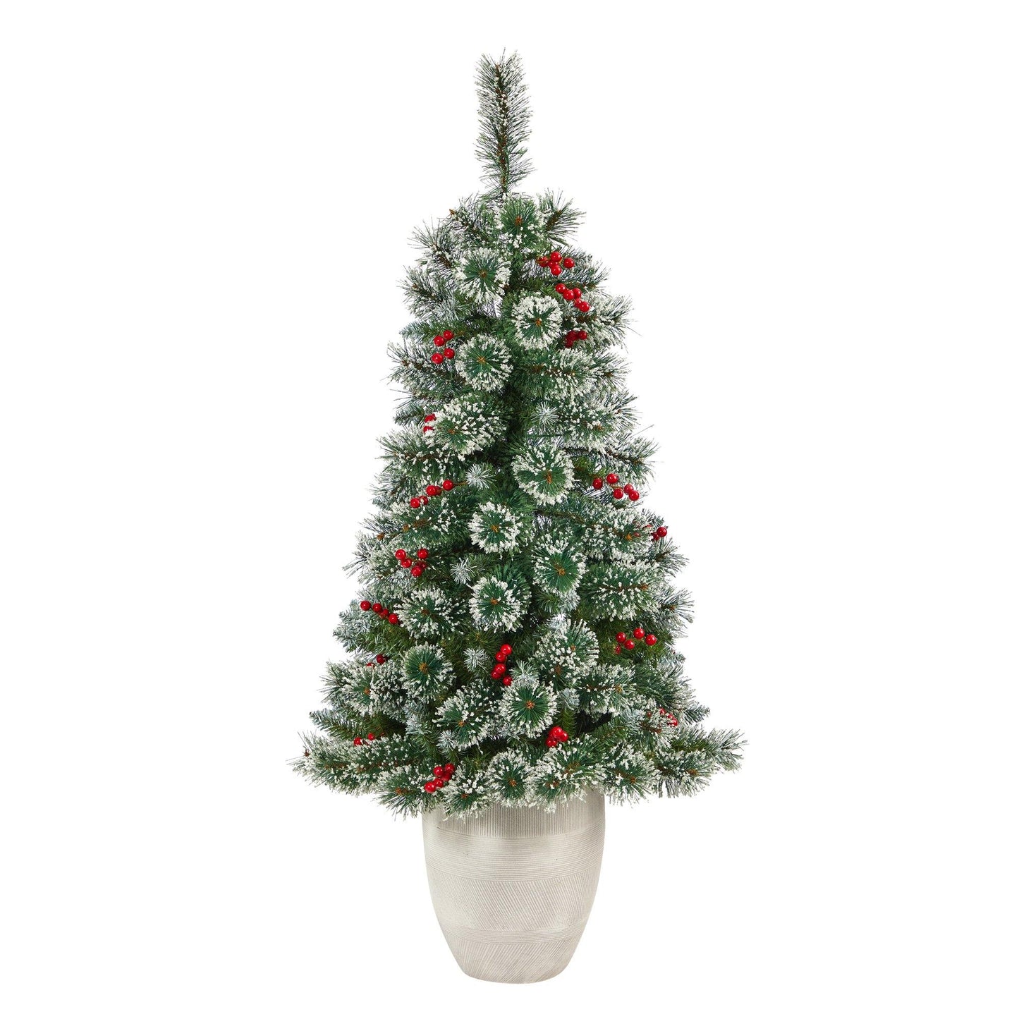 Árbol de Navidad artificial de pino suizo esmerilado de 50" con 100 luces LED transparentes y bayas en maceta blanca