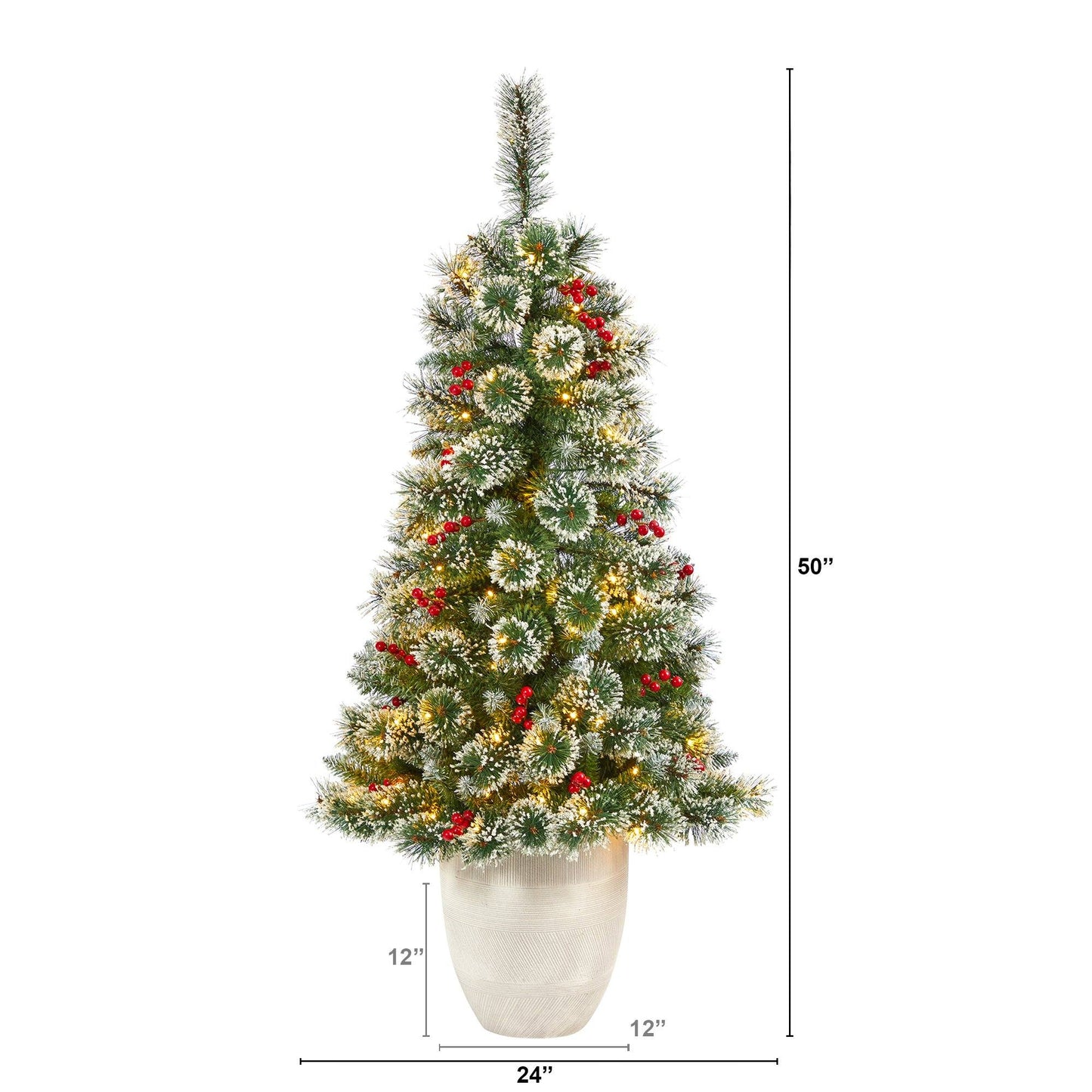 Árbol de Navidad artificial de pino suizo esmerilado de 50" con 100 luces LED transparentes y bayas en maceta blanca