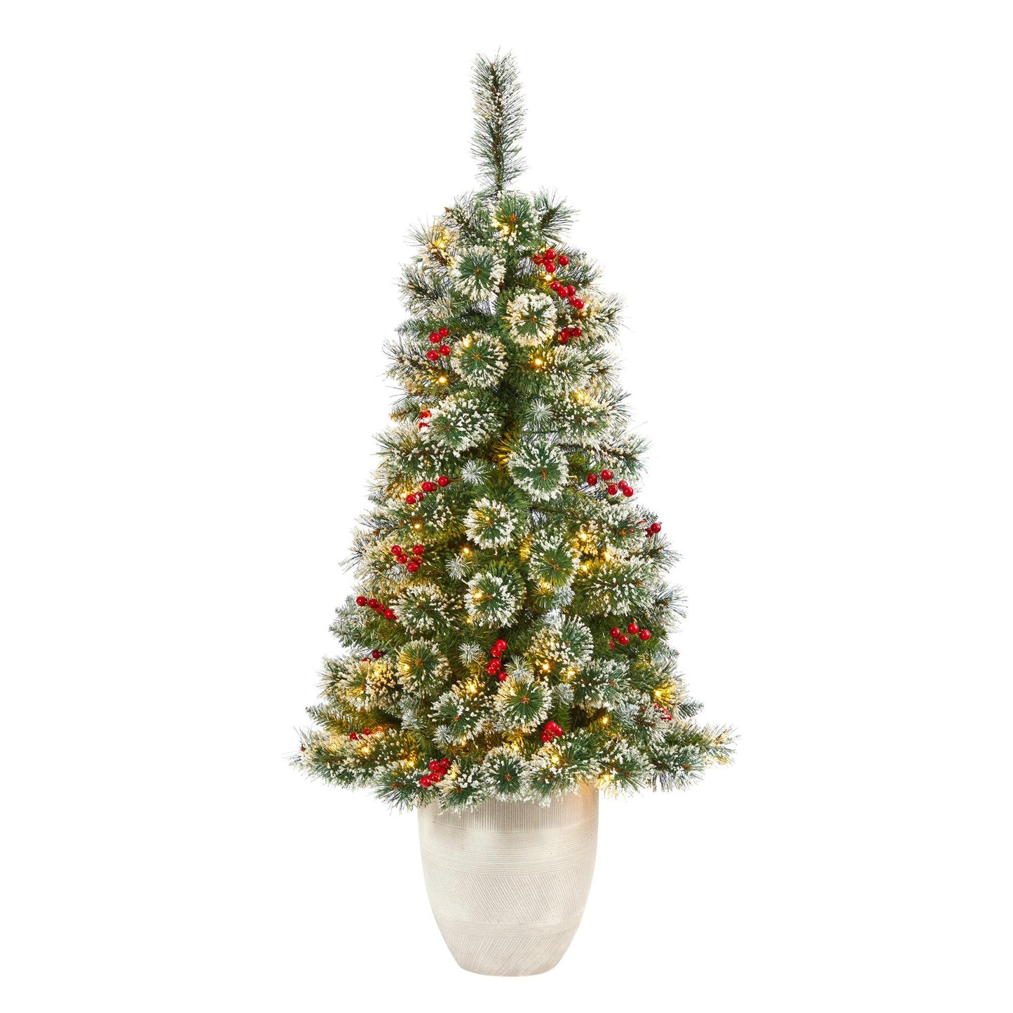 Árbol de Navidad artificial de pino suizo esmerilado de 50" con 100 luces LED transparentes y bayas en maceta blanca