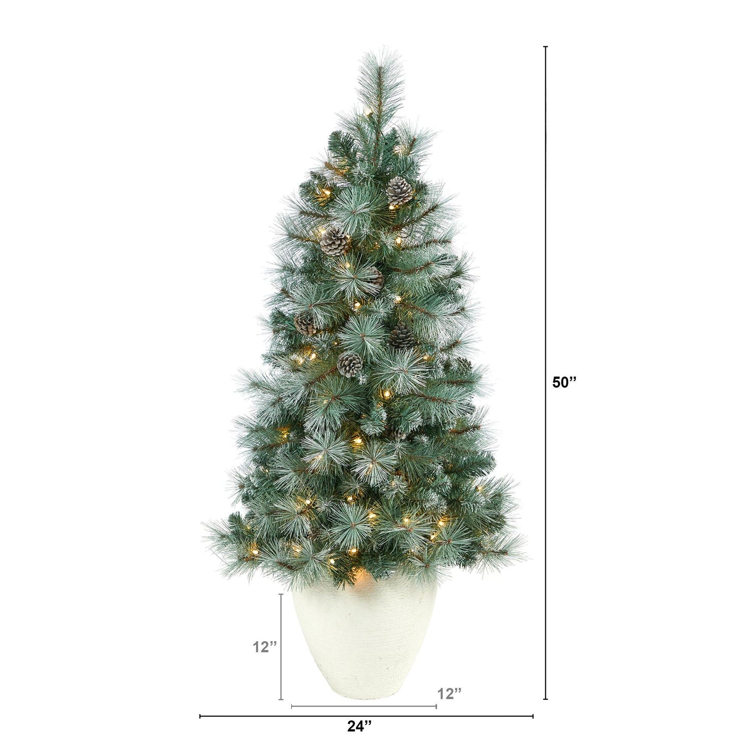 Árbol de Navidad artificial de pino de montaña de Columbia Británica con punta esmerilada de 50" con 100 luces transparentes, piñas y 228 ramas flexibles en maceta blanca