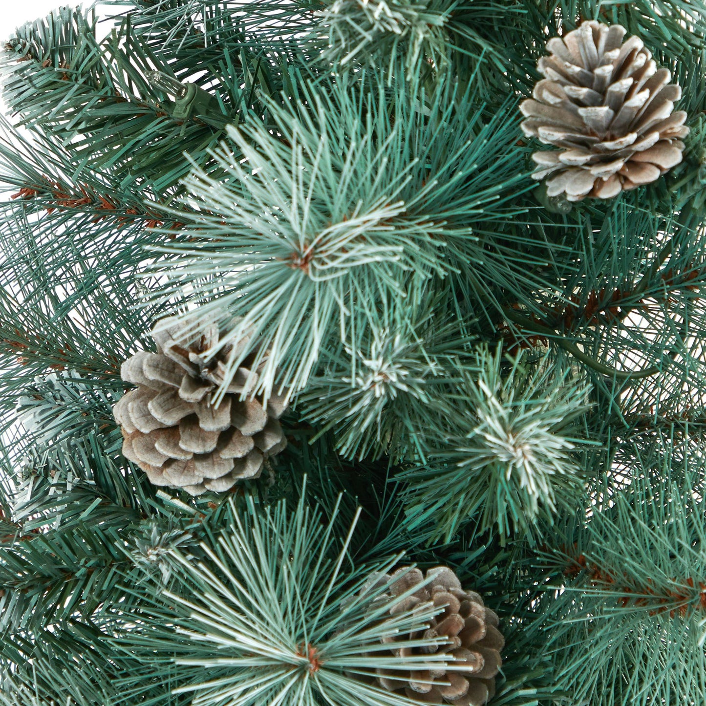 Árbol de Navidad artificial de pino de montaña de Columbia Británica con punta esmerilada de 50" con 100 luces transparentes, piñas y 228 ramas flexibles en maceta blanca