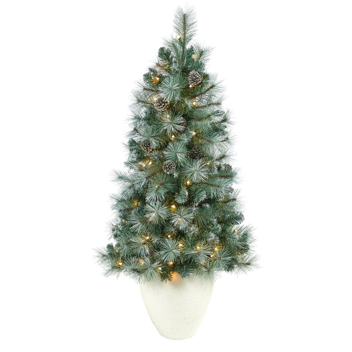 Árbol de Navidad artificial de pino de montaña de Columbia Británica con punta esmerilada de 50" con 100 luces transparentes, piñas y 228 ramas flexibles en maceta blanca