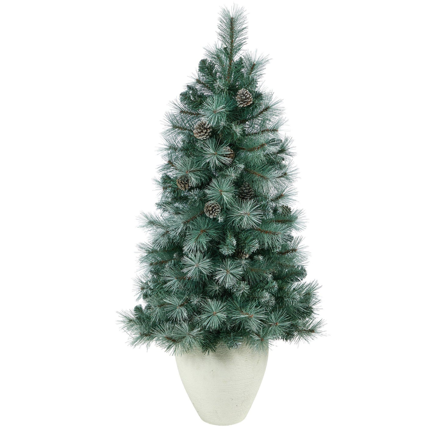 Árbol de Navidad artificial de pino de montaña de Columbia Británica con punta esmerilada de 50" con 100 luces transparentes, piñas y 228 ramas flexibles en maceta blanca