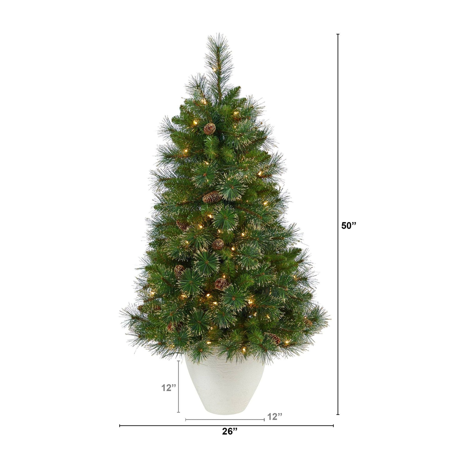 Árbol de Navidad artificial de pino Washington con punta dorada de 50" con 100 luces transparentes, piñas y 336 ramas flexibles en macetero blanco