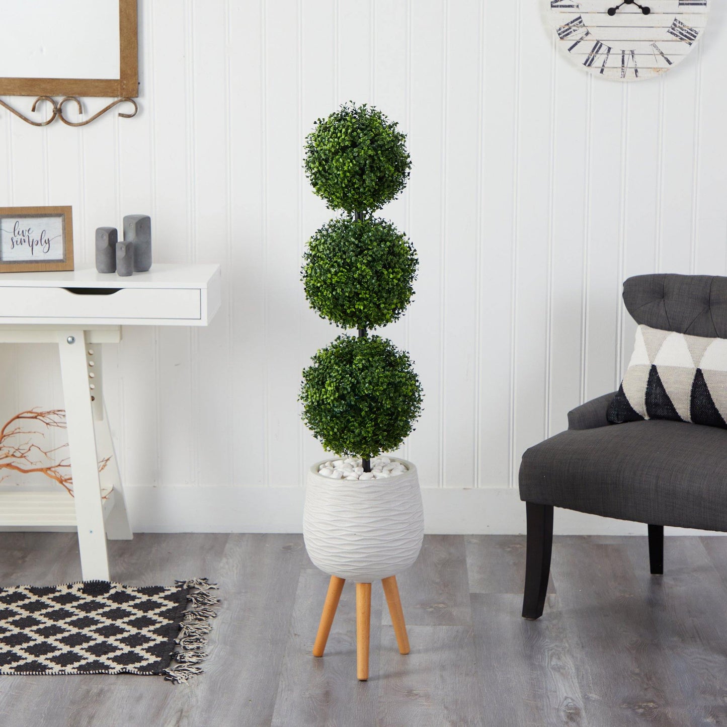 51” Boxwood Triple Ball Topiary Artificial Tree in White Planter with Stand (Indoor/Outdoor