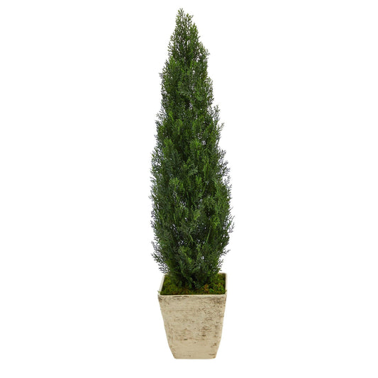 51” Cedar Artificial Tree in Country White Planter (Indoor/Outdoor)